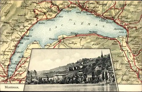 Landkarten Ak Montreux Kanton Waadt Schweiz, Teilansicht, Lac Leman