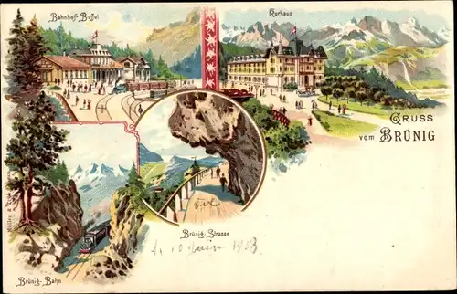 Litho Brünig Kanton Obwalden, Bahnhof, Kurhaus, Brünig-Bahn, Brünig-Straße