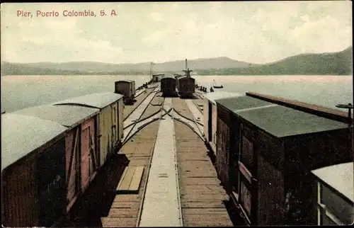 Ak Puerto Colombia Kolumbien, Pier, Güterwaggons, Bahnschienen