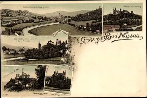 Litho Nassau an der Lahn, Schloss Schaumburg, Kloster Arnstein