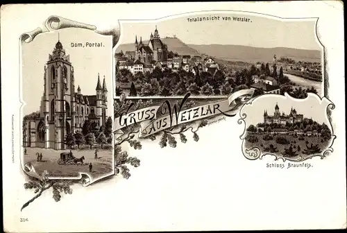 Litho Wetzlar an der Lahn, Dom, Totalansicht, Schloss Braunfels