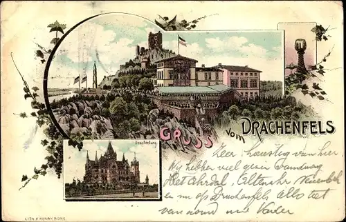 Litho Königswinter am Rhein, Drachenfels, Drachenburg