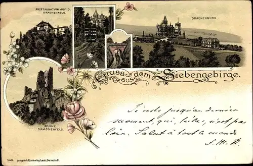 Litho Königswinter am Rhein, Drachenfels, Drachenburg, Ruine, Restaurant, Tunnel