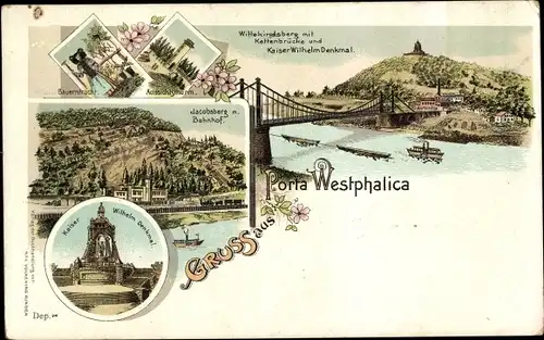 Litho Porta Westfalica an der Weser, Kaiser Wilhelm Denkmal, Jacobsberg, Bahnhof, Kettenbrücke