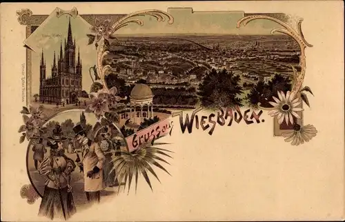 Litho Wiesbaden in Hessen, Evangelische Kirche, Passanten, Gesamtansicht