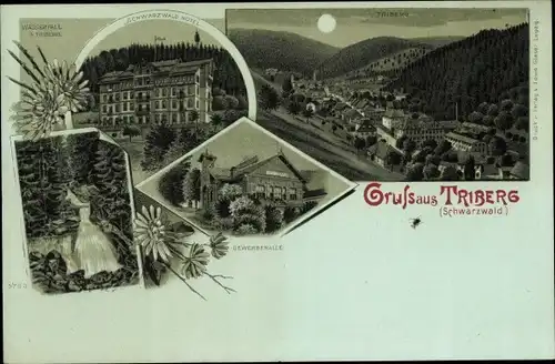 Mondschein Litho Triberg im Schwarzwald, Gewerbehalle, Wasserfall, Schwarzwald Hotel