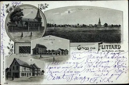 Mondschein Litho Flittard Mülheim Köln am Rhein, Kirche, Schule, Restauration, Totalansicht