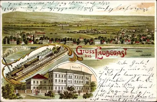 Litho Dresden Ost Laubegast, Schule, Schiffswerft, Totalansicht der Ortschaft