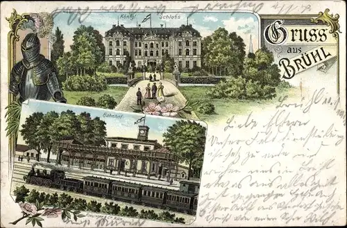 Litho Brühl Nordrhein Westfalen, Königl. Schloss, Bahnhof, Gleisseite, Dampflok