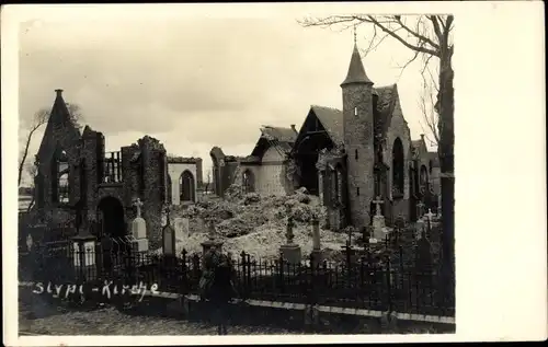 Foto Ak Slijpe Middelkerke Westflandern, Ruinen der Kirche, Zerstörungen 1. Weltkrieg 