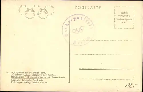 Ak Berlin, Olympische Spiele 1936, Diskuswerfer Carpenter aus den USA