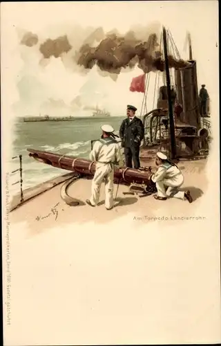 Künstler Litho Bohrdt, Hans, Am Torpedo Lancierrohr, Deutsche Seeleute, Kriegsschiff