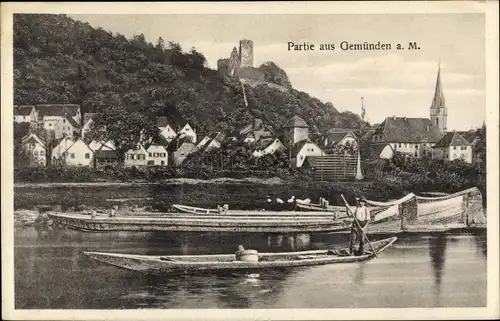 Ak Gemünden am Main Unterfranken, Blick auf den Ort, Kahn, Burgruine