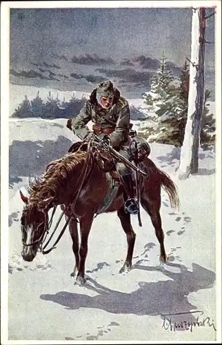 Künstler Ak KuK Soldat im Winter auf einem Pferd, Hilfsaktion Kälteschutz