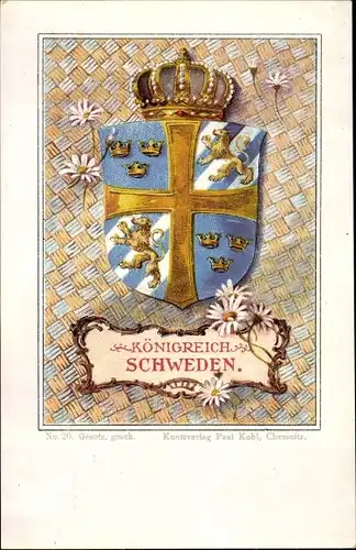 Wappen Litho Königreich Schweden, Margeriten, Krone