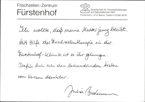 Ak Schauspielerin Julia Biedermann, Portrait, Autogramm, Reklame, Frischzellen Zentrum Fürstenhof