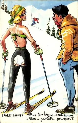 Künstler Ak Sports d'Hiver, Skifahrerin mit kaputter Hose