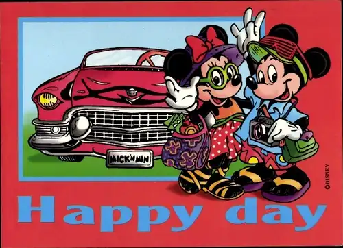 Künstler Ak Walt Disney, Happy day, Mickey und Minnie Maus vor einem Auto