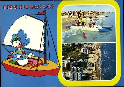 Ak Rimini Emilia Romagna, Lido di Pomposa, Donald Duck imn Segelboot, Tretboot, Walt Disney