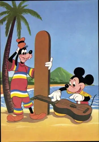 Künstler Ak Walt Disney, Goofy mit Surfbrett, Mickey Maus mit Gitarre