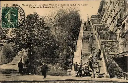 Ak Paris XVIII. Arrondissement Buttes-Montmartre, Escalier Muller, A gauche le Square St. Pierre