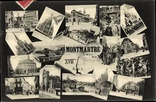 Ak Paris XVIII. Arrondissement Buttes-Montmartre, Sacre Coeur, Moulin Rouge, Eglise, Mairie