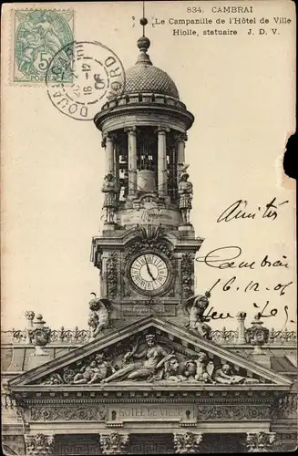 Ak Cambrai Nord, Le Campanille de l'Hotel de Ville, Uhr