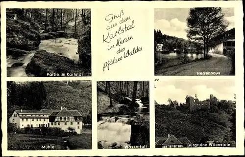 Ak Karlstal Trippstadt in der Pfalz,  Herrenhaus, Mühle, Wasserfall, Burgruine Wilenstein, Wald