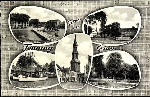 Ak Tönning an der Eider Nordfriesland, Hafen, Schifferhaus, Kirche, Schule, Denkmal, Schlossgarten