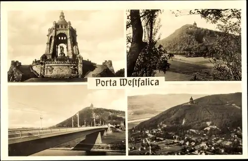 Ak Porta Westfalica, Kaiser Wilhelm I. Denkmal, Weserbrücke, Ort