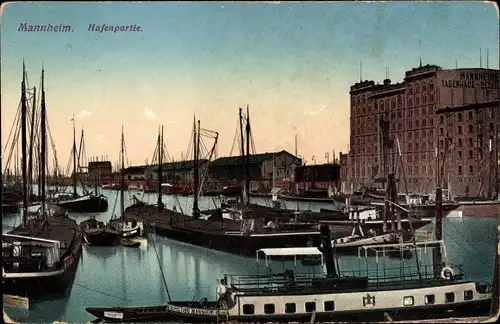 Ak Mannheim in Baden Württemberg, Hafenpartie, Boote