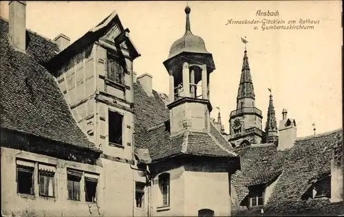 Ak Ansbach in Mittelfranken Bayern, Armesünder-Glöcklein am Rathaus, Gumbertuskirchturm
