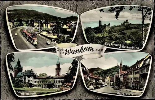 Ak Weinheim an der Bergstraße Baden, Straßenbahn, Burg Windeck, Wachenburg, Schlosspark, Marktplatz