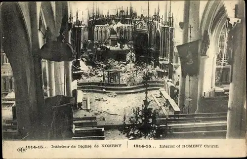 Ak Nomeny Meurthe et Moselle, Interieur de l'Eglise, Kriegszerstörungen, I. WK