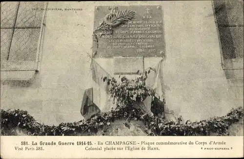 Ak Hans Marne, Plaque commemorative du Corps d'Armee, Colonial placee sur l'Eglise