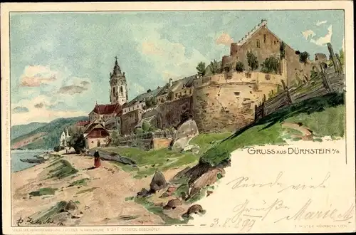 Künstler Litho Zelsche, Dürnstein Donau Niederösterreich, Ufermotiv