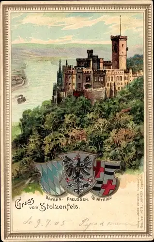 Präge Wappen Litho Stolzenfels Koblenz in Rheinland Pfalz, Wappen Bayern, Preussen u. Kurtrier