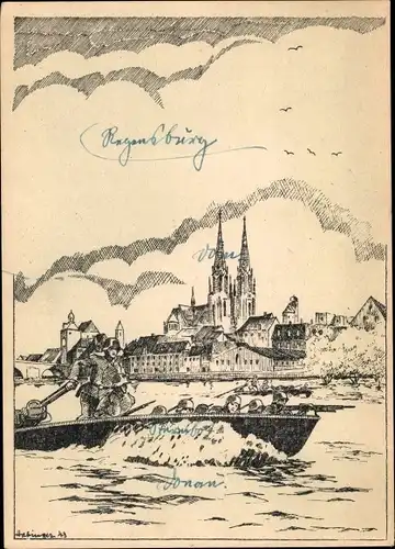 Künstler Ak Regensburg an der Donau Oberpfalz, Blick auf die Stadt, Soldaten im Ruderboot