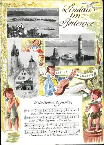 Lied Ak Lindau im Bodensee Schwaben, Lied " Oh du lieber Augustin", Hafen, Leuchtturm, Rathaus