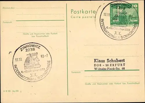 Ganzsachen Ak Ostseebad Zinnowitz auf Usedom, Stempel XX. Internationale Schachtage 1983