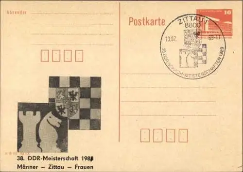 Ganzsachen Ak Schach, Aufdruck:  38, DDR Meisterschaft, 1988, Männer - Zittau - Frauen