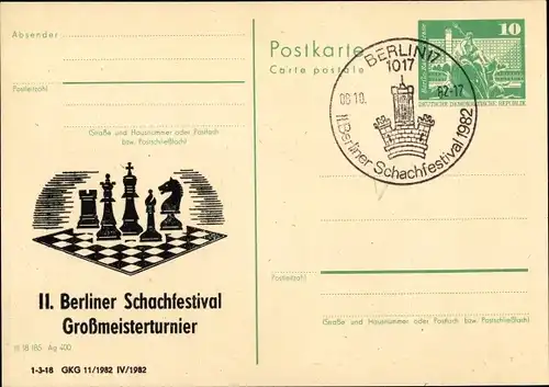 Ganzsachen Ak Schach, Aufdruck:  II. Berliner Schachfestival, Großmeisterschaft, 1982