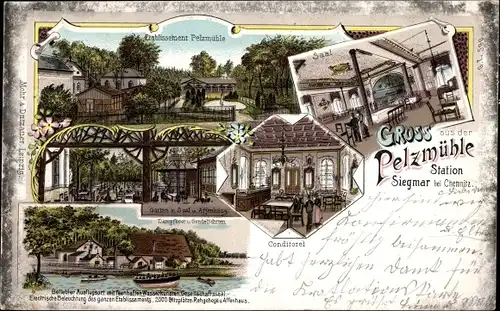 Litho Siegmar Chemnitz, Pelzmühle, Konditorei, Saal, Dampfboot, Garten mit Affenhaus