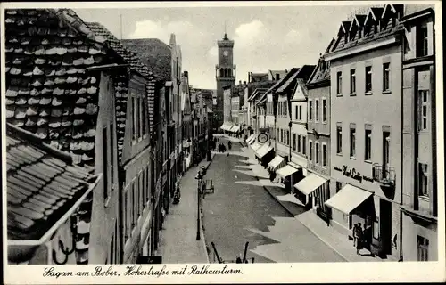 Ak Żagań Sagan Schlesien, Hohestraße mit Rathausturm