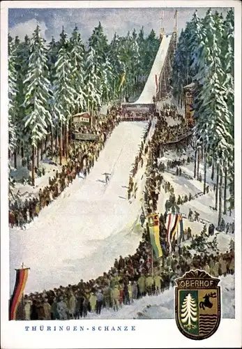Ak Oberhof im Thüringer Wald, Thüringen Schanze, Skispringer, Zuschauer, Wappen