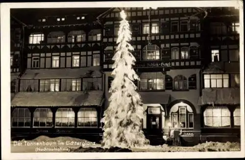 Ak Oberhof im Thüringer Wald, Tannenbaum im Lichterglanz, Schlosshotel, Winter