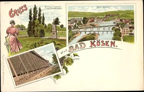 Litho Bad Kösen Naumburg an der Saale, Gradierwerk, Promenade, neue Brücke