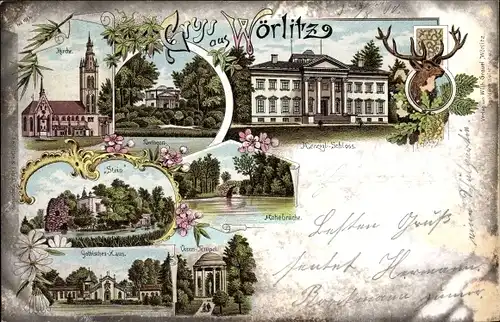 Litho Oranienbaum Wörlitz im Kreis Wittenberg, Kirche, Schloss, Gothisches Haus, Venustempel