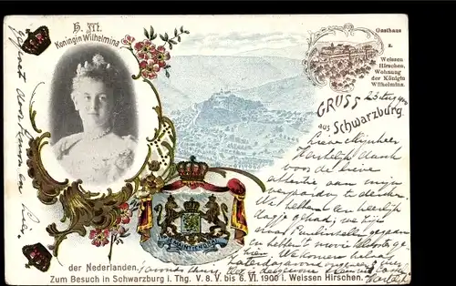Wappen Litho Schwarzburg im Schwarzatal Thüringen, Königin Wilhelmina, Staatsbesuch 08.05.1900