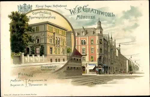 Litho München, Cigarettenfabrik und Cigarrengroßhandlung W. F. Grathwohl, Filiale Augustenstr.